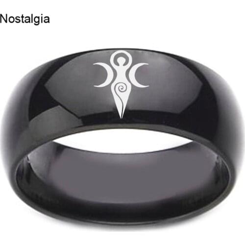 Wicca Triple Moon Goddess Crescent Moon Black Titanium Mens Dainty Ring Wiccan Rings-for-women Wedding Band Dropshipping