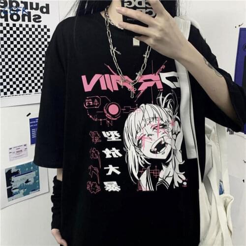 Summer Anime Cartoon T Shirt Women Clothes Gothic Tshirt Streetwear Print Loose Tops Korean EGIRL Black T-shirt Grunge Aesthetic