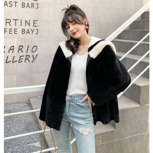 Winter Coat Short Women 2021 New Fashion Navy Style Oversized Collar Natural Real Merino Sheep Fur Full Pelt Thick Warm Jacket