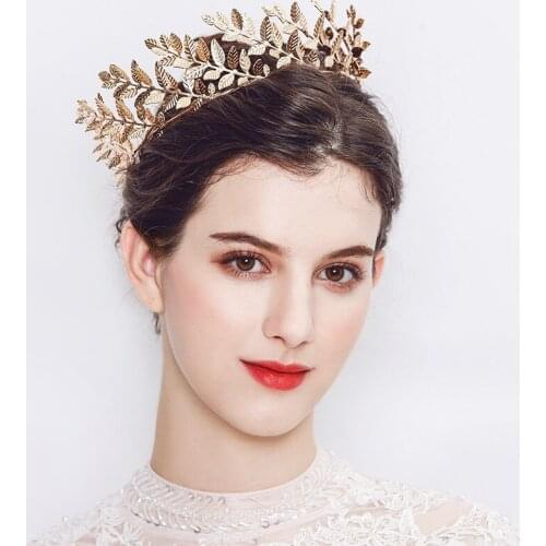 Women Prom Round Tiara Baroque Gold Leaf Wedding Hair Crown Bridal Hair Piece Accessories