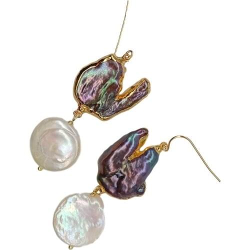 Freeform Black Keshi Pearl White Coin Freshwater Pearl Gold color Plated Hook Dangle Earrings luxury handmade for women