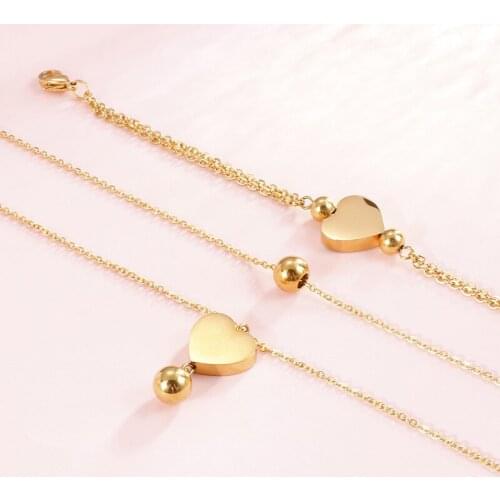 Minar Unique Design Stainless Steel Love Heart Double Layer Pendant Necklace for Women Temperament Charm Bracelet Beads Jewelry