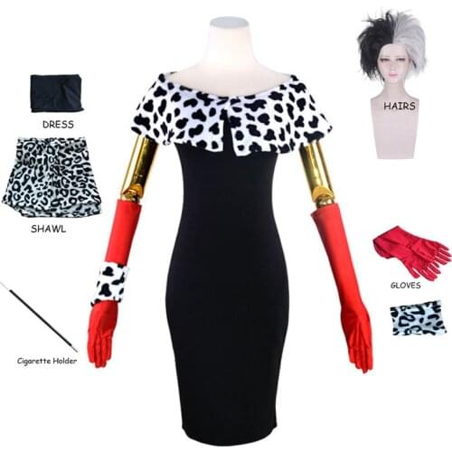 Anime Cruella De Ville Cosplay Costume Ladies Dalmatian Fancy Dress Womens Fashion Outfit Accessories For Women Halloween Party