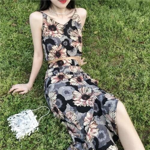 Heydress New Summer Women Floral Print Spaghetti Strap Tank +High Waist Mermaid Midi Skirts Sets Ruffles Holiday Vintage Suits