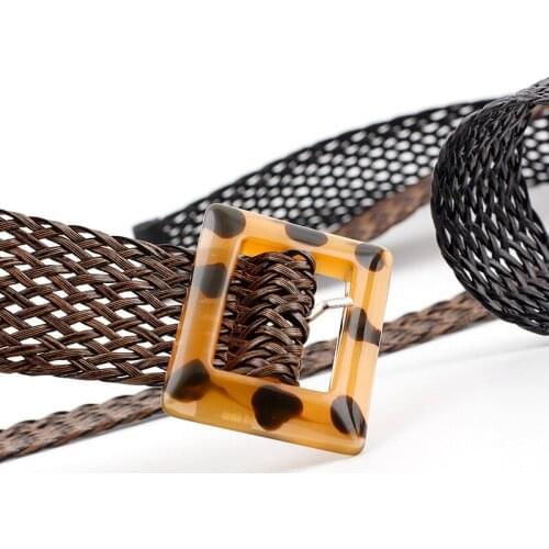 2021 new pu woven fashion all-match length 110 width 3.8 spots leopard print yellow buckle head decoration ladies wide belt