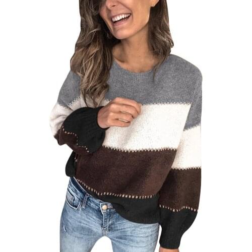 Duzeala Patchwork Color Knitwear Pullovers Tops Winter Fashion Long Sleeve O-neck Casual Loose Sweaters for Women