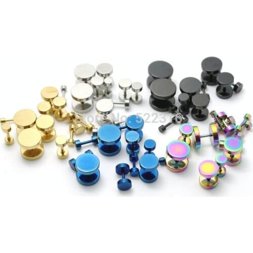 200pcs mix color size lots stainless steel round fake ear plugs steel black gold blue rainbow color cheaters studs earrings