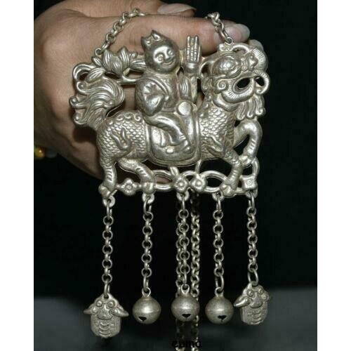 4.8" Old Chinese Silver Dynasty Palace Tongzi Kid Ride Kylin Qilin Beast Pendant