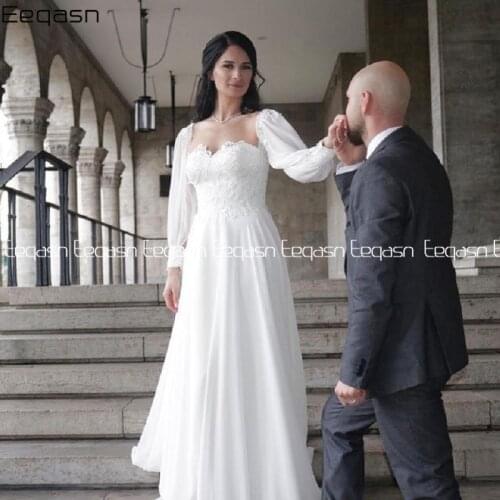 White Country Wedding Dresses Lace on Top Long Sleeves A-Line Chiffon Princess Boho Court Tran Bridal Gown 2021