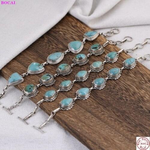 BOCAI Real Sterling Silver S925 Bracelet Retro Fashion Thai Silver Turquoise Simple Elegant Womens Hand Chain Argentum Jewelry