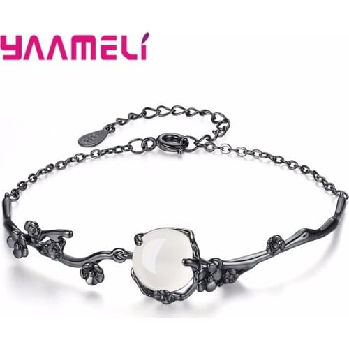 Fantastic Halloween Gifts for Men Women 925 Sterling Silver Jewelry White Opal Stone Plum Blossom Black Gun Covered Bangles