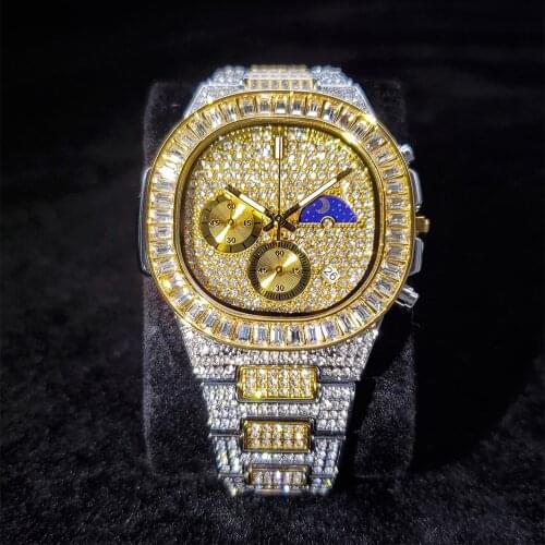 Hip Hop MISSFOX Baguette Diamond Men Watch Quartz Calendar Clock Luxury Brand Moon Phase Gold Watch Waterproof Golden Timepiece