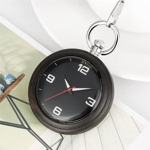 Quartz Ebony Pendant Pocket Watch Silver Fob Arabic Numerals Luminous Hands Open Face Wooden Pocket Timepiece Gifts Men Women