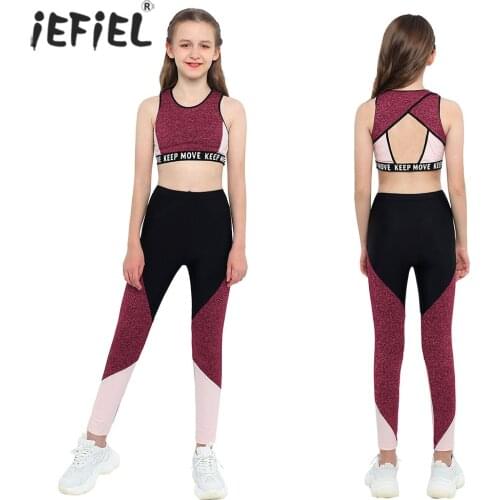 Kids Girls Dancewear Gymnastics Sets Ballet Dance Outfits Patchwork Sports Tank Tops Leggings Pants Yoga Running Workout Sets