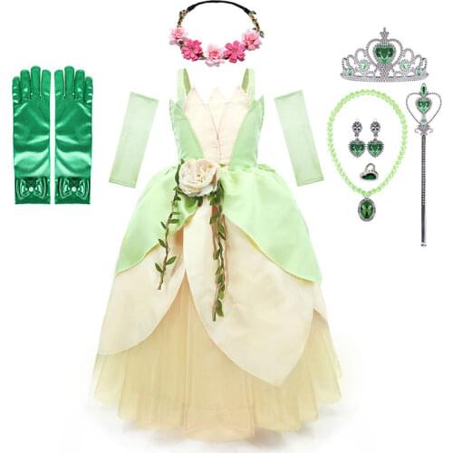 Girls Princess Tiana Dress up Costume Kids Cosplay Princess and The Frog Clothing Child Birthday Party Halloween Fancy Ball Gown