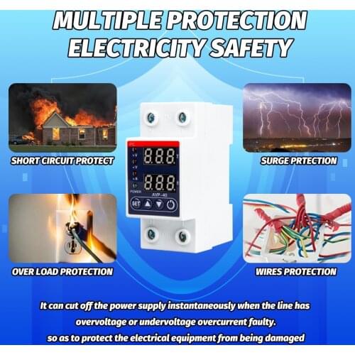 Din Rail Dual Display Adjustable Over Voltage Current and Under Voltage Protective Device Protector Relay 40A 63A 220V 230V