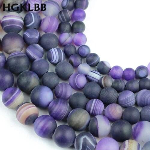 HGKLBB Violet matte Stripe Carnelian Natural Stone onyx 6/8/10MM 15'' Round Spacer Loose beads For Jewelry Making bracelet DIY