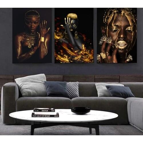 African Art Black and Gold Woman Oil Painting on Canvas Cuadros Posters and Prints Scandinavian Wall Art Picture for Living Room