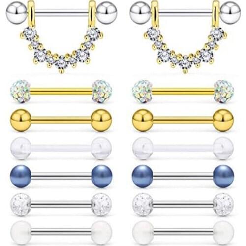 JFORYOU 12Pcs-14Pcs Tongue Ring Nipple Ring 14G Stainless Steel Nipple Nipplerings Barbell Bar Hoop Rings Piercing Jewelry 14MM