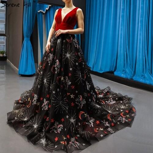 Red Black Embroidery Sepuins Sexy Evening Dresses 2020 A-Line Neck Sparkle Formal Dress Serene Hill HM66808