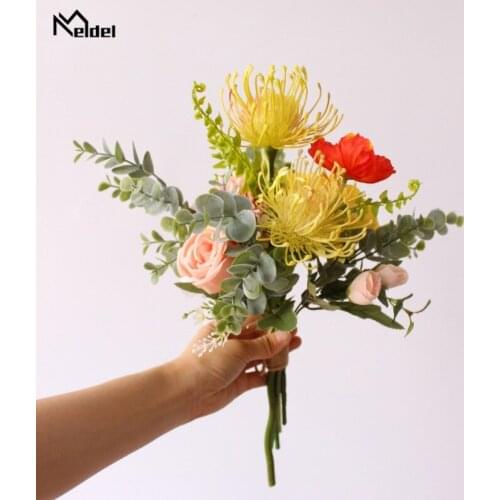 Meldel Bride Wedding Bouquet Artificial Silk Rose Peony Flower Bouquet Yellow Hydrangea Flower Wedding Supplies Party Prom Decor