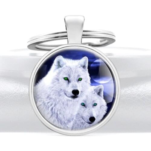 Cute Wolf Head Glass Dome Key Chains Charms Men Women Metal Pendant Key Rings Jewelry Gifts