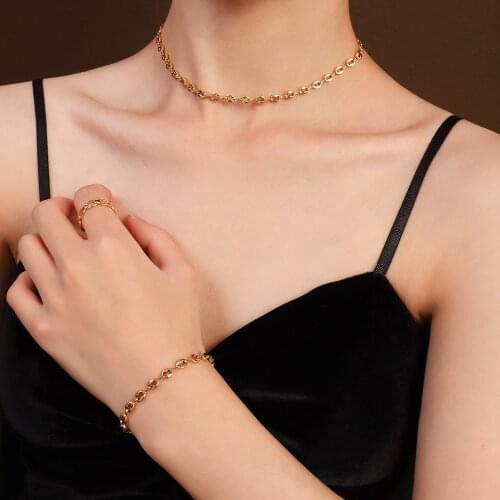 Fashion Bicycle Chain Necklace Clavicle Chain Choker Bracelet Womens Set Jewelry Titanium Steel 18K Gold Plated Never Fade