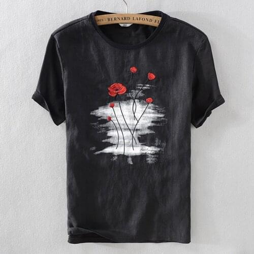 Black new design short-sleeved linen t-shirt mens brand embroidery casual men t shirt mature-charm tops tshirt male camiseta