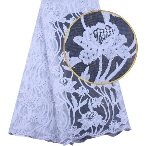 Latest Pure White African Milk Silk Lace Fabric With Stones High Quality Fashion French Tulle Lace Fabric For Wedding Dress 1567