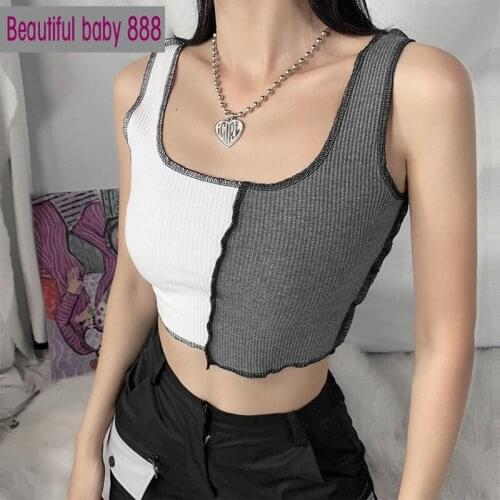Meqeiss Bodycon Contrast Ribbing Female Summer Camisole Fashion Patchwork Club Basic Sleeveless Crop Tops Woman Casual Tank Tops
