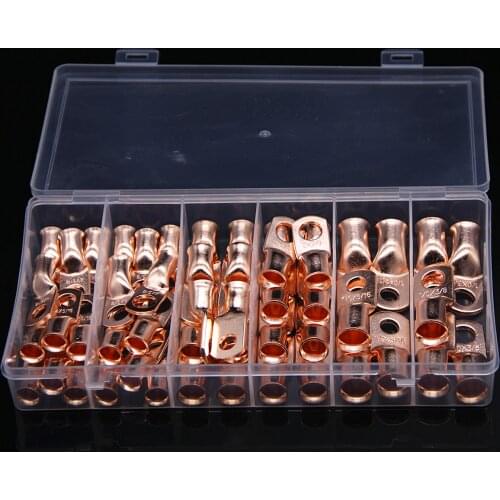 50Pcs Assortment Wire Ring Bare Copper Crimp Terminals Copper 3/8" 5/16" Lug Electrical Cable Connectors For 4, 2, 1/0 AWG Kit