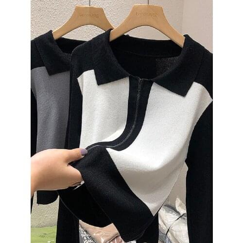 Autumn New Versatile Black And White Stitching Zipper Knitted Cardigan Short Slim Sweater For Women