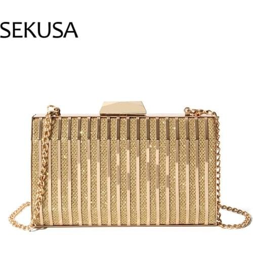 Hollow Out Fashion Women Evening Bags Gold Chain Shoulder Clutch Sequined Ladies Dress Handbags With Metal Purse