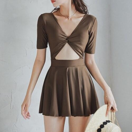 Swimming Suit For Women Push Up Korea Style Swimwear One Piece Skirt Swimsuit Fused Female Sexy Swim One Beach Hollow Out Solid