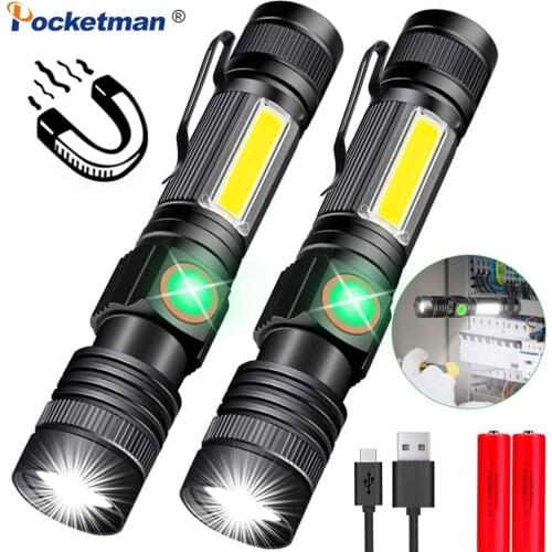 POCKETMAN USB Rechargeable Flashlight Waterproof Torch COB LED Flashlight with Magnetic Tail Zoomable Pocket Torch