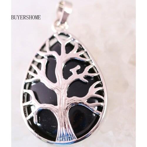 Silver Color Tree of life Water Drop Necklace Pendant Natural Gem Stone Black Onyx 1Pcs K433