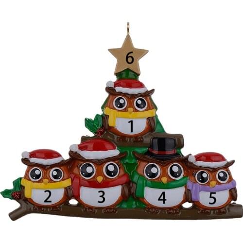 Owl Family of 5 Polyresin Glossy Personalized Christmas Ornaments with Green Tree Golden Star for Decorative Crafts
