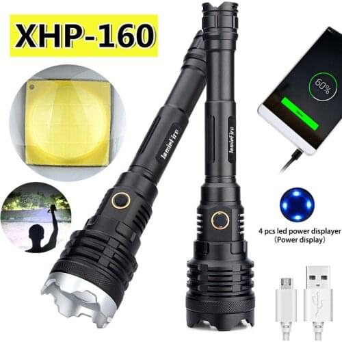 Super Bright XHP160 Flashlight Powerful Torch USB Rechargeable LED Flash Light 21700 Battery Zoom Tactical Hunting Flashlight