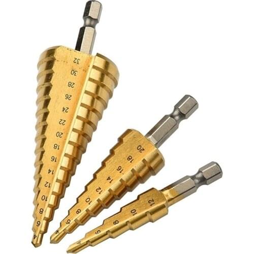 DHL 50 Set 3PCS 4-12mm 4-20mm 4-32mm HSS 4241 Steel Large Step Cone Titanium Coated Metal Drill Bit Cut Tool Set Hole Cutter