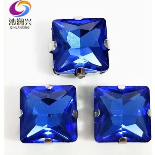 Light blue top quality Glass Crystal sew on stones,square shape claw rhinestone with holes,Diy/Clothing accessorie SWZ412