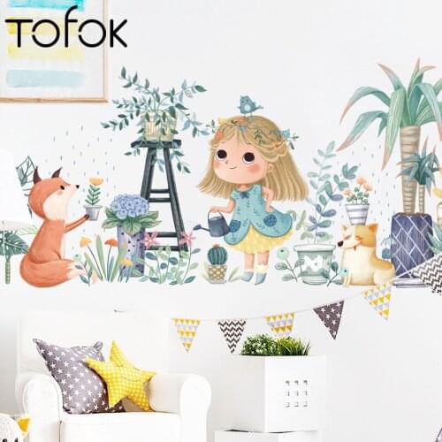 Tofok Watercolor Girl Forest Animal Wall Stickers Nursery Room Wall Decals for kids room Decorative Sticker DIY Wallstickers