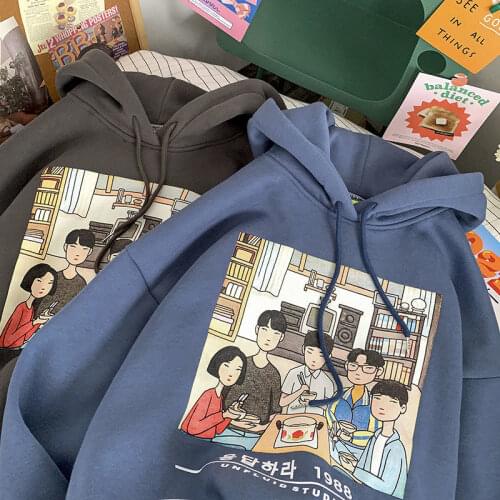 Retro print hoodie women autumn and winter Korean cartoon print ins trend couple sweatshirt casual street wild oversized hoodies