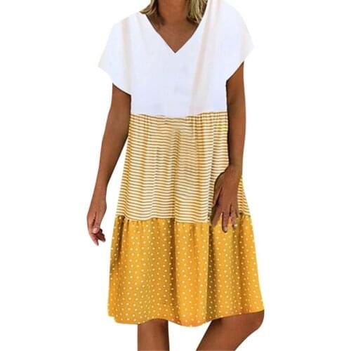 Women Boho Dress Sexy V Neck Short Sleeve Stripes Dots Patchwork Loose Knee-length Summer Dress Plus Size платье летнее женское