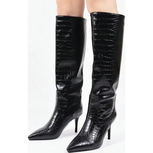 2021 Sexy Knee High Women Boots Fashion Pointed Toe Thin Heel Women Shoes Autumn Crocodile Pattern PU Boots Winter Warm Boots