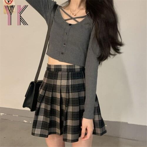 Two-Piece Cross Strap Slim Knitted Cardigan Top + Plaid Pleated Mini Skirt Sexy 2021 Korean Women Suit Summer Preppy Style Set