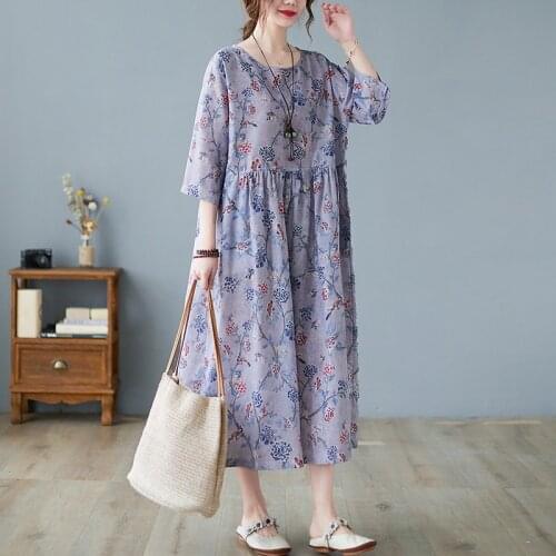 Oversized Women Summer Loose Casual Dress New 2021 Vintage Style Floral Print Cotton Linen Ladies Elegant Long Dresses B831