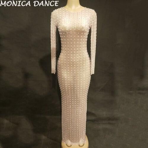 Women Sexy Stage Net Yarn Long Dress Full Pearls Silver Bling Sparkling Crystals Nightclub Party Stage Wear Singer Costumes