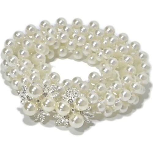70x2cm Womens Three Rows Thin Faux Pearls Waistband Bridal Wedding Sash With Metal Alloy Flower Rhinestone Decor Bukle Waist
