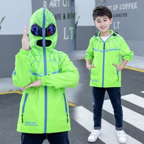 Spider Pattern Boys Hoodies Jacket with Glasses Kids Hooded Windbreaker Jacket Coat Blue Fluorescent Green Jacket With Glasses