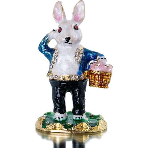 H&D Hand Painted Bejeweled Mr Rabbit Boxes Hinged Jewelry Trinket Box Ring Holder Collectives Gift Home Wedding Decoration